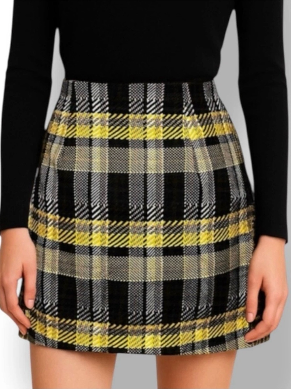 Grey Lab Anthropologie Tweed Plaid Mini Skirt Black Yellow NWT Medium